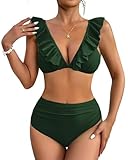 AI'MAGE Badeanzug Zweiteilig Damen mit Rüschen Bademode Sommer Strand Outfit Swimsuit Bikini Set Olivgrün XXL