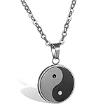 JewelryWe Schmuck Herren Damen Halskette, Edelstahl Tai Chi Yin und Yang Anhänger mit 55cm Kette, Schwarz Grau Silber, kostenlos Gravur