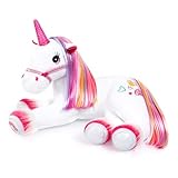 Bayer Design 69536AA Plüsch Einhorn mit Licht, Sound, Funktion, Stofftier, Kuscheltier, Regenbogen Haare, Weiß