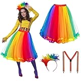 Regenbogen Tüllrock Set mit Riemen, Karneval Kostüm Damen - Tütü mit Feder Stirnband für Karnevalspartys und Mottoparty