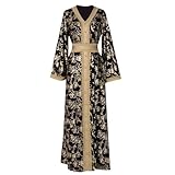 Amxleh Muslimisches Kleid Damen V-Ausschnitt Blumen Stickerei Lang Abendkleid Elegant Kaftan Traditioneller Gebetskleidung Outfit Arabisch Gebetskleid Heißgeprägtes, Modisches, Langärmeliges Kleider