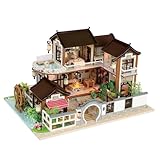 Crafts&Co® DIY Miniature Haus mit Möbeln | DIY Puppenhaus Erwachsene | Hölzernes Puppenhaus-Kit | Holz Mini Haus Modell mit Licht | 1:18 | Nostalgisches Dorf
