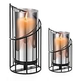 Vasmeiy Windlicht Kerzenständer Schwarz Deko, 2er Set Schwarz Glaszylinder Mit Metall Boden, Vintage Tischdeko, Modern Kerzenständer Geometrisch für Wohnzimmer, Esstisch, Garten Dekoration