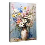 Dazzlewall Gerahmte Vintage Blumen Wandkunst, Bunte Gänseblümchen Blume Vase Ölgemälde, Blumen Wandkunst Drucke für Schlafzimmer Badezimmer Wohnzimmer Dekor 12x16 zoll