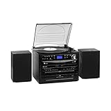auna 388-DAB+ Kompaktanlage - 20 W Stereoanlage mit 2 Lautsprechern, Mini HiFi Anlage mit Bluetooth, FM, DAB+, Plattenspieler, CD, MP3, USB, SD-Slot, 2 x Kassettendeck, inkl. Fernbedienung, schwarz