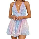 Qianderer Damen Sparkly Pailletten Minikleid Glitzer Glänzend Tiefer V-Ausschnitt Ärmelloses Kleid Tie Up Rückenfrei A-Linie Kleid Tiered Party Rave Clubwear, merhfarbig, S