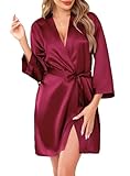 Sopesil Damen Satin Bademantel Unisex Morgenmantel Seide Leicht Kimono Bride V-Ausschnitt Morgenmantel für Spa Haus und Hotel, Weinrot, M