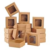 BENECREAT 36 Packungen 7.5x7.5x3 cm Braune Kraftpapierbox Mit Durchsichtigen Fenstern, Faltbare Geschenkbox Aus Papier Für Party, Hochzeit, Verpackung