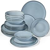 Onader Geschirrset 6 Personen, 18 Teiliges Tafelservice Steingut Set, Unregelmäßig Rund Müslischalen Dessertteller Speiseteller, Anti-Kratzer & Mikrowellenfest, Reaktives Neblig Blau
