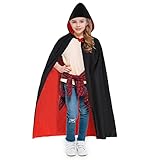 UNOLIGA Halloween Vampir Umhang Kinder, Schwarz Roter Umhang, Umhang mit Kapuze, Dracula Umhang für Mädchen Jungen, Halloween Vampir Kostüm, Faschingskostüm Vampir (Geeignete Höhe 115-140 cm)