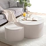 MESCXTY Weißer runder Couchtisch, 2er-Set, Trommeltisch, geriffelte Beistelltische, 2 vertikale Streifen, Design für Wohnzimmer, Wohnung, Keine Montage, Weiß
