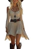 ORANDESIGNE Damen Western Cowgirl Kleid Boho Chic Dress Langarm V-Ausschnitt Minikleid Sommerkleider B Weiß M