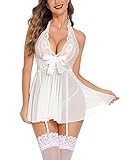 Avidlove Damen Spitze Negligee Dessous Kleid V-Ausschnitt Babydoll Lingerie Nachtwäsche Set mit Strumpfband Weiß Large