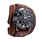 F Fityle Männer Leder Armbanduhr, Retro Punk Breites PU-Lederband, Classic Herrenuhr, Analog Quarzuhr Sport Casual Business für Geburtstagsgeschenk - Brown