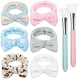 TERSE Haarband Schminken Damen Mädchen Bowknot Kosmetik Stirnband mit 2 Stück Silikon Maskenpinsel Weich Korallenrot Fleece für SPA Waschen Gesicht, 6 Stück
