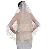 HUAEDNWKYI Schleier Braut Hochzeit Spitze Applikationen Kurzer Brautschleier lagiger weicher Tüll Brautschleier mit Kamm für Frauen Bräute Halloween Braut Kostüm（Champagnerfarbe）