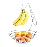 Relaxdays Obstschale mit Bananenhalter, Obstkorb verchromt, Bananenhaken, Stehend, HBT: ca. 42 x 29,5 x 32 cm, silber