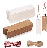 Hoiny Geschenk Anhänger 200 stk.Kraftpapier Anhänger Etiketten Geschenkanhänger mit Jute Schnur für Hochzeitsgeschenke, Party-Geschenkanhänger und Weihnachten (Kraft + weiß)