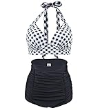VILOREE Vintage 50s Damen Bademode Bikini Set Push Up Hoher Taille Neckholder Bauchweg Schwarz & Weiss Kariert M