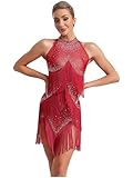 Sinleey Damen Latin Tanzkleid Mit Fransen Und Strass Gesellschaftstanz Kostüm Chacha Tango Salsa Samba Rumba Tanzbekleidung Burgund L