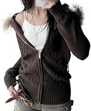 LLECDASEUI Kunstfell Pelzbesatz Hoodies Für Frauen, Y2k Kabel Stricken Langarm Gekürztes Sweatshirt, Reißverschluss Schlanke Jacke Mit Fellkapuze (M,Braun)