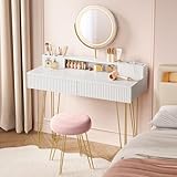 VASAGLE Schminktisch mit Hocker und Beleuchtung, Steckdosenleiste, Spiegel, Frisiertisch, 40 x 100 x 134,8 cm, Kosmetiktisch mit Schubladen, gepolsterter Sitzhocker, mattweiß-blassgold RVT619W01