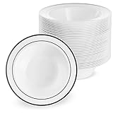 MATANA 25 Weiße Plastikschalen mit Schwarzem Rand, Suppenteller, Suppenschalen (360ml) - Suppenschüssel für Hochzeiten, Geburtstage, Taufen, Weihnachten, Partys - Mehrweg & Stabil
