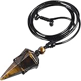 KYEYGWO Tigerauge Sechseckiger Kristall Anhänger Halskette mit Einstellbare Lederseil, Polierte Quarz Spitz Stein Heilung Reiki Pendel Kette