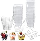 PIQIUQIU 50 Stück Desserttasse mit 50 Stück Löffeln, 2 OZ / 60ML Dessertschalen Set, DIY Plastik Dessertbecher,Wiederverwendbar Trapezoid Becher für Zuhause, Desserts,Picknick, Party, Spülmaschine