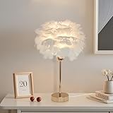 KUOP Nachttisch lampe Moderne Tischleuchte E27 Schlaflicht Kinder Nachtlicht Warmweiß Federlampe Künstliche Federn Flauschige Weiß Dekolampe für Schlafzimmer Wohnzimmer Room Decor, 30cm x 38cm