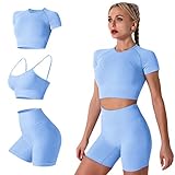 IMEKIS Damen 3 tlg Fitness Set Sport-BH mit Crop-Top und Shorts Nahtlose Yoga Kleidung Fitness Workout Outfit Frauen Slim Fit Sommer Biker Activewear Laufanzug Blau S