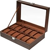 Ohuhu Uhrenbox mit 12 Fächern, Holzmaserung Watch Box Uhren Aufbewahrungsbox mit Glasdeckel, Uhrenkasten aus PU Leder und Samt Innenfutter, Geschenkidee für Geburtstag Vatertag Weihnachten