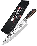 Sagushi Asami Sehr Scharfes Küchenmesser 20cm Klinge Chef Knife Fleischmesser Extrem Scharf Santoku Messer Kochen wie in Japan Allzweckmesser Premium Edelstahl Hammerschlag Optik Pakka Holz Griff
