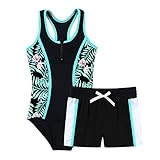 Alvivi Mädchen Badeanzug Bademode Einteiler Bikini Tankini mit Druck Shorts Kinder Sommer Schwimmanzug Badebekleidung Gr.98-176 G Lilie mit Shorts 122-128