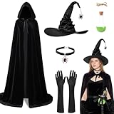 5er Halloween Kostüm Hexe Set - 140cm Hexenkostüm Umhang mit Kapuze & Hexenhüt & Lange Handschuhe & Gothic Hexe Zubehör & Zaubertrankflasche,Hexenumhang Schwarzer für Damen Mädchen Halloween Karneval