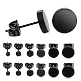 6 Paare Titan Ohrstecker Hypoallergen, für Damen Herren, Schwarz Rund Flach Scheibenohrringe, 3/4/5/6/7/8 mm, für empfindliche Ohren