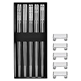 Queta Essstäbchen Edelstahl, 5 Paar Essstäbchen Spülmaschinenfest mit 4 Essstäbchen-Auflagen Asiatisches Besteck Sushistäbchen 240mm