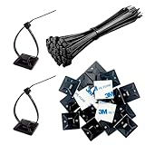 Klein Klebesockel Kabel Halterungen Selbstklebend und Kabelbinder UV Beständig Jede 100 Stück,Kabelclips Halter Montage Befestigungen Basishalter 20 x 20 mm Halterung für Heim Büro Schwarz