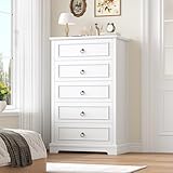 hefoths Kommode Weiß mit 5 Schubladen, 111 cm Komodenschrank mit Holzmaserung, Sideboard Schubladenschrank für Schlafzimmer Flur Wohnzimmer, 111×68×40 cm