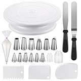 InnoGear Tortenplatte, Drehbarer Tortenständer mit 3 Zuckerguss-Glätteisen, 12 Tortenspritzdüsen, 2 Kuppler und 50 Einweg-Spritzbeutel, gerader und versetzter Spatel, Edelstahl