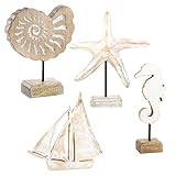 Logbuch-Verlag Maritimes Deko-Set 4 Holz Figuren Muscheln Seestern Seepferdchen Schiff weiß mediterrane Sommer Dekoration