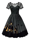 Damen Halloween Cosplay Ausgestellter Rock Schwarz Spitzenkrägen Kleider Hexe Knielang Vintage Kostüm Grau S