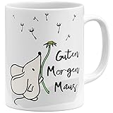 OM3® Guten Morgen Maus Tasse mit Spruch Statement - Keramik Becher - 325ml - Beidseitig Bedruckt - Weiss