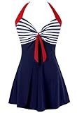 Sixyotie Damen Einteiler Badekleid Blumen Muster Gepolstert Badeanzug mit Shorts Große Größen Bademode (Navy, L)