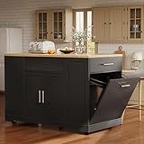 EINHOM Küchenwagen mit Rollen, Kücheninsel mit Abfallbehälterfach, Küchenschrank mit Ausziehbarer Arbeitsplatte, Verstellbaren Regalen und 2 Türen und 3 Schublade, 120 x 50 x 92 cm (Schwarz)