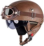 Retro Helm Motorradhelm Lederhelm Jethelme Vintage Mopedhelm Mit Brille ECE Zertifiziert Motorradkreuzer-Rollerhelm im Deutschen Stil (Braun (Farbe),L/59-60cm)