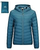 Outdoor Ventures Damen Steppjacke Leichte Packbare Übergangsjacke Warme Winterjacke mit Kapuze für Frauen Gefüttert Pufferjacke mit Taschen für Freizeit Wandern Reisen Keramik Blau XL