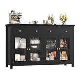 FirFurd Sideboard 140cm Breit Küchenschrank mit Arbeitsplatte Sideboard für Küche Wohnzimmer Buffetschrank mit 2 Schubladen & 4 Glasstüren Küchenbuffet mit Verstellbares Regal 140x90.7x40cm (schwarz)
