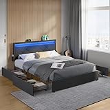 VASAGLE Doppelbettgestell, Bettgestell, 160 x 200 cm, LED, Metallbett, 4 Schubladen, Ladestation, verstellbares gepolstertes Kopfteil, schiefergrau-Mattschwarz RMB828G02