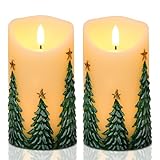 Eldnacele Weihnachtsbaum LED Kerzen mit 6H Timer, Flammenlose Kerzen mit Flackernder Flamme, Echtwachs Optik, 2er Set LED Weihnachtskerzen für Herbst- & Weihnachtsdeko (7,6 x 14,5 cm)
